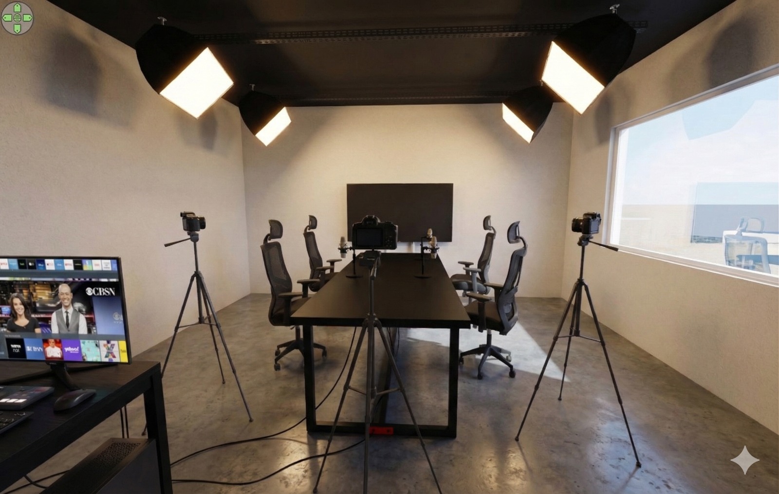 Render 3D do projeto do estúdio com mesa, cadeiras, câmeras e iluminação by Yourcast